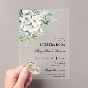 Invitations En Acrylique Floral blanc avec anneau d'or Mariage espagnol