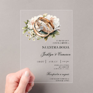 Invitations En Acrylique Floral blanc avec anneau Mariage espagnol