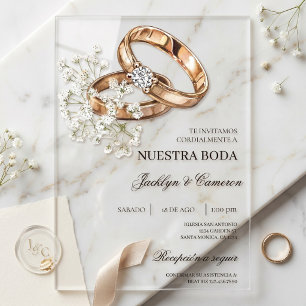Invitations En Acrylique Floral blanc avec anneau Mariage espagnol