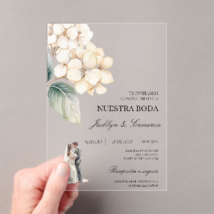 Invitations En Acrylique Floral blanc avec anneau Mariage espagnol