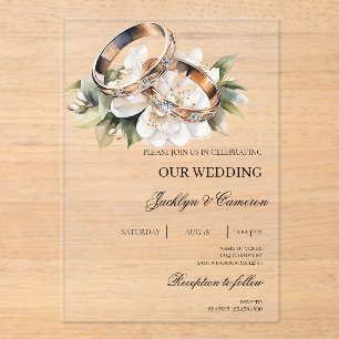 Invitations En Acrylique Floral blanc avec Mariage anneau
