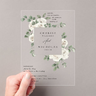 Invitations En Acrylique Floral blanc et Mariage d'Eucalyptus V2