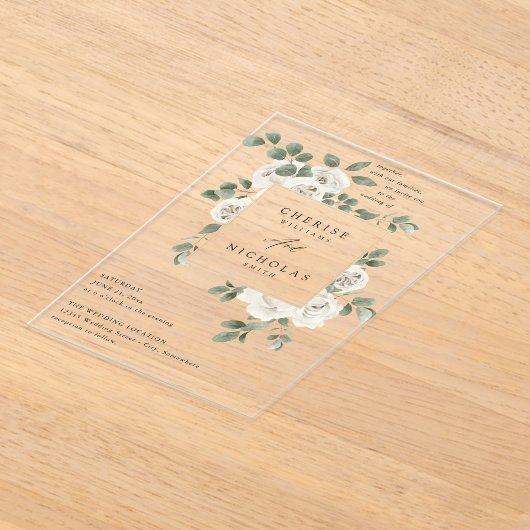 Invitations En Acrylique Floral blanc et Mariage d'Eucalyptus V2 (Poser)