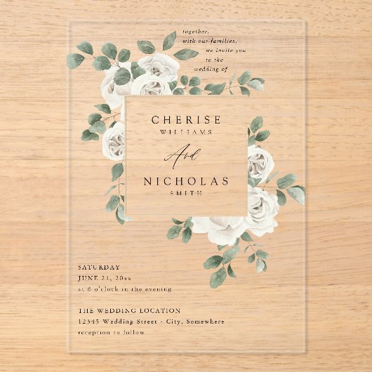 Invitations En Acrylique Floral blanc et Mariage d'Eucalyptus V2 (Recto)