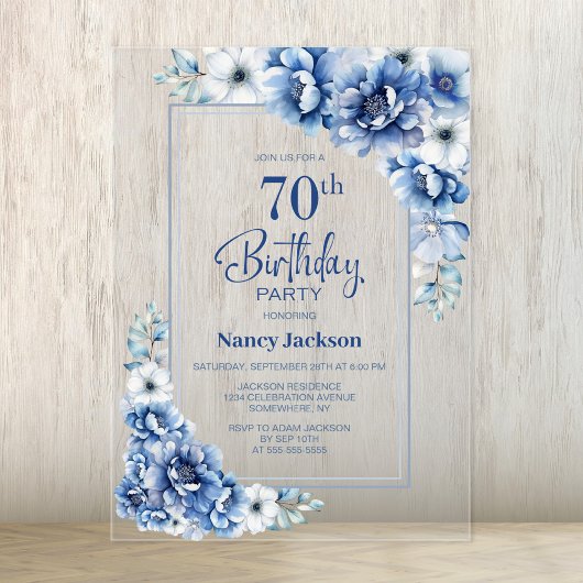 Invitations En Acrylique Floral bleu moderne 70e fête d'anniversaire
