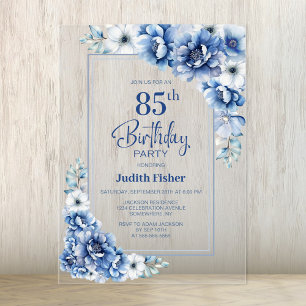 Invitations En Acrylique Floral bleu moderne 85e fête d'anniversaire