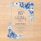 Invitations En Acrylique Floral bleu moderne 85e fête d'anniversaire (Recto)