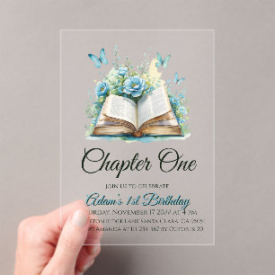 Invitations En Acrylique Floral Blue Book Boy Chapitre Un 1er anniversaire