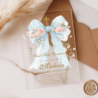 Invitations En Acrylique Floral Blue Bow First Holy Communion Girl