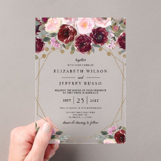 Invitations En Acrylique Floral Burgundy Blush or Mariage géométrique (In situ (ordinateur de poche))