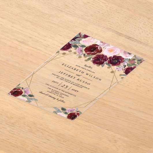 Invitations En Acrylique Floral Burgundy Blush or Mariage géométrique (Poser)
