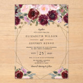 Invitations En Acrylique Floral Burgundy Blush or Mariage géométrique (Recto)