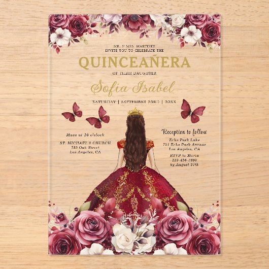 Invitations En Acrylique Floral Burgundy Butterfly Princess Quinceanera (Recto)