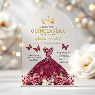 Invitations En Acrylique Floral Burgundy Butterfly Princess Quinceanera