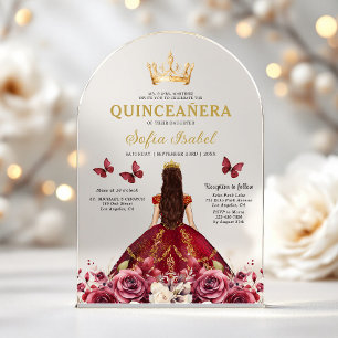 Invitations En Acrylique Floral Burgundy Butterfly Princess Quinceanera