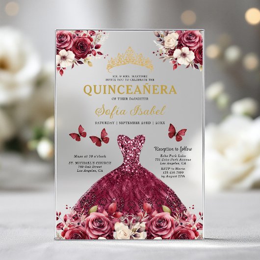 Invitations En Acrylique Floral Burgundy Butterfly Princess Quinceanera