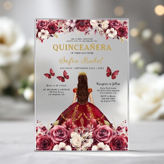 Invitations En Acrylique Floral Burgundy Butterfly Princess Quinceanera