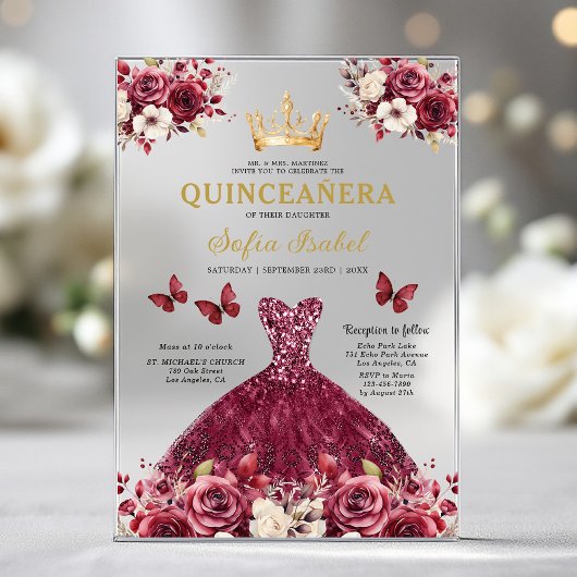 Invitations En Acrylique Floral Burgundy Butterfly Princess Quinceanera