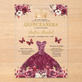 Invitations En Acrylique Floral Burgundy Butterfly Princess Quinceanera (Recto)