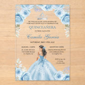 Invitations En Acrylique Floral Dusty Blue & Silver Princess Quinceañera (Recto)