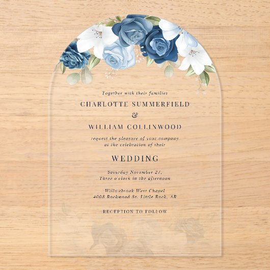 Invitations En Acrylique Floral Dusty Mariage botanique bleu (Recto)