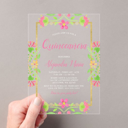Invitations En Acrylique Floral Fiesta Pink Gold Quinceanera (In situ (ordinateur de poche))