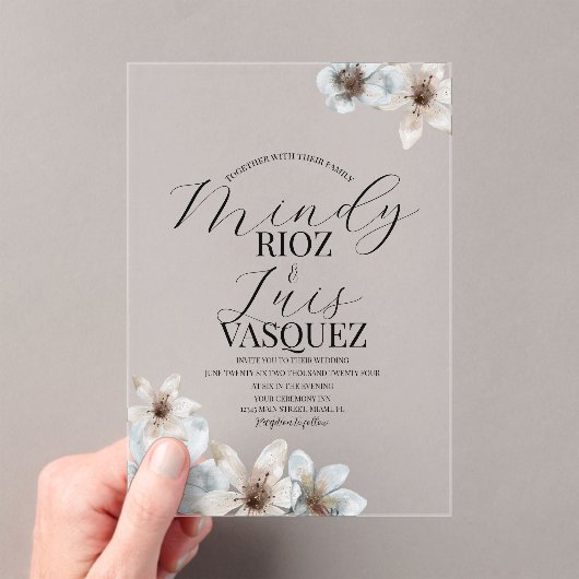Invitations En Acrylique Floral Magnolia Aquarelle Mariage Script noir (In situ (ordinateur de poche))
