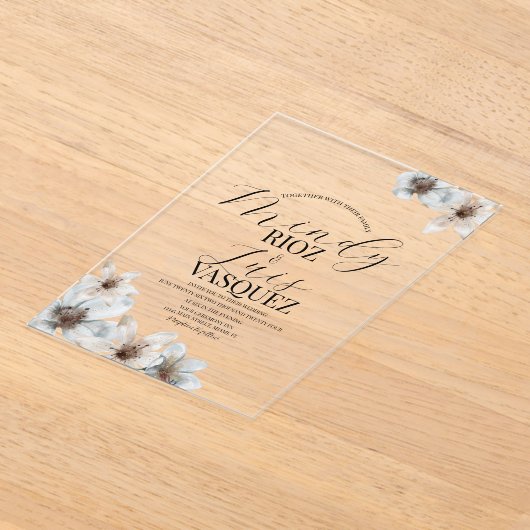 Invitations En Acrylique Floral Magnolia Aquarelle Mariage Script noir (Poser)