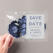 Invitations En Acrylique Floral Navy Blue Silver Wedding Enregistrer la dat (In situ (ordinateur de poche))