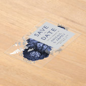 Invitations En Acrylique Floral Navy Blue Silver Wedding Enregistrer la dat (Poser)