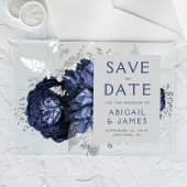 Invitations En Acrylique Floral Navy Blue Silver Wedding Enregistrer la dat