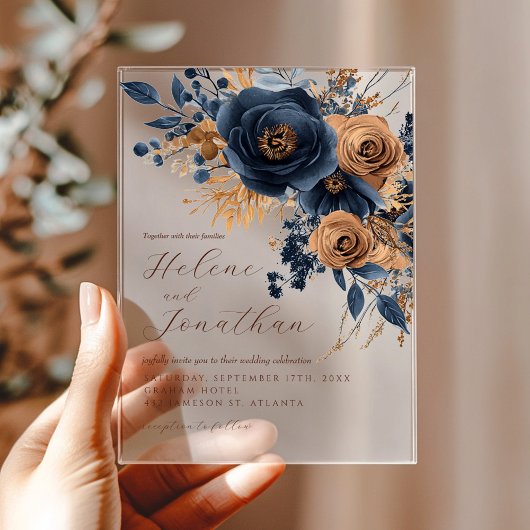 Invitations En Acrylique Floral Navy Blue Terracotta rouille Mariage élégan