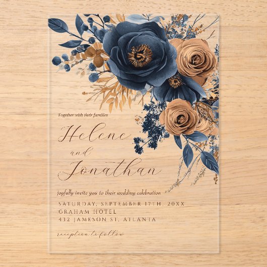 Invitations En Acrylique Floral Navy Blue Terracotta rouille Mariage élégan (Recto)