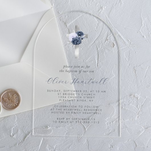 Invitations En Acrylique Floral Navy Dusty Blue Silver Cross Boys Baptême