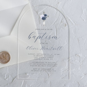 Invitations En Acrylique Floral Navy Dusty Blue Silver Cross Boys Baptême