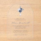 Invitations En Acrylique Floral Navy Dusty Blue Silver Cross Boys Baptême (Recto)
