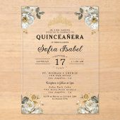 Invitations En Acrylique Floral Or blanc princesse Quinceanera (Recto)