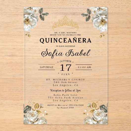 Invitations En Acrylique Floral Or blanc princesse Quinceanera (Recto)