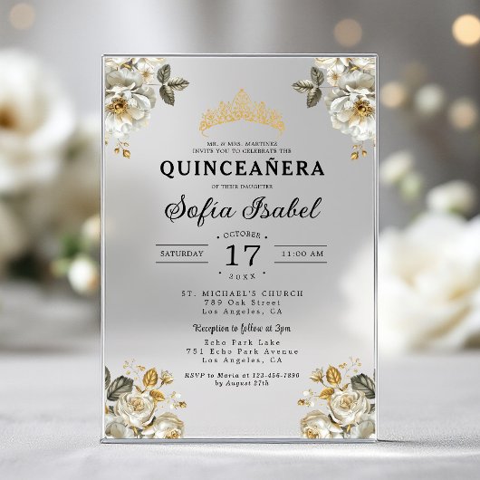 Invitations En Acrylique Floral Or blanc princesse Quinceanera