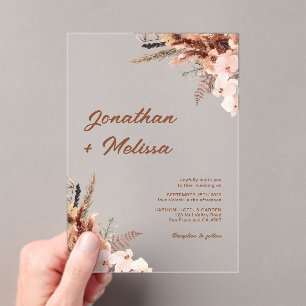 Invitations En Acrylique Floral Pampas Rustique Terracotta Script Mariage
