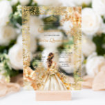 Invitations En Acrylique Floral Princesse Florale Radiale Quinceanera Or<br><div class="desc">Cette invitation à la quinceanera présente un élégant thème doré et crème avec des bordures en dentelle complexes, des accents floraux radiaux et des papillons délicats. Au centre se trouve l'illustration d'une jeune fille dans une robe luxueuse aux accents dorés, aux fleurs de Fleur de Fleur Radiant, ajoutant une touche...</div>