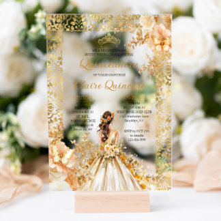 Invitations En Acrylique Floral Princesse Florale Radiale Quinceanera Or
