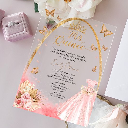 Invitations En Acrylique Floral rose Blush Gown Quinceanera