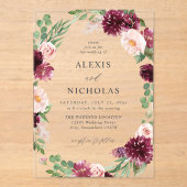 Invitations En Acrylique Floral rose et bourgogne 7 Mariage (Recto)