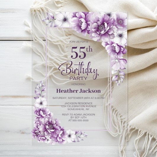 Invitations En Acrylique Floral rose moderne 55e fête d'anniversaire