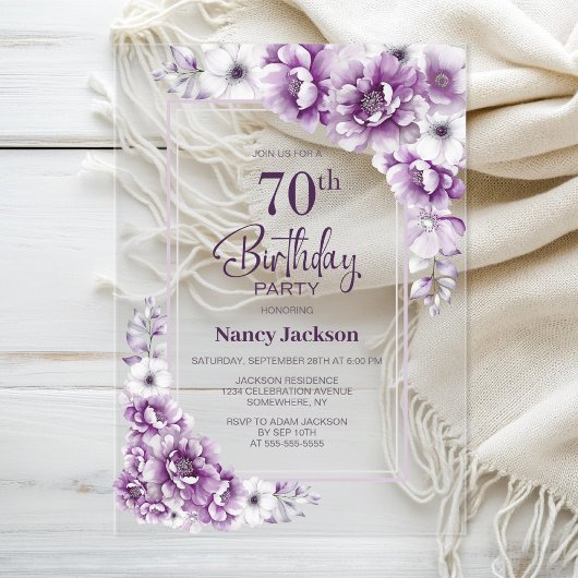 Invitations En Acrylique Floral rose moderne 70e fête d'anniversaire