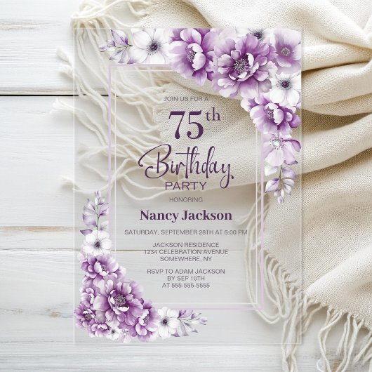 Invitations En Acrylique Floral rose moderne 75e fête d'anniversaire