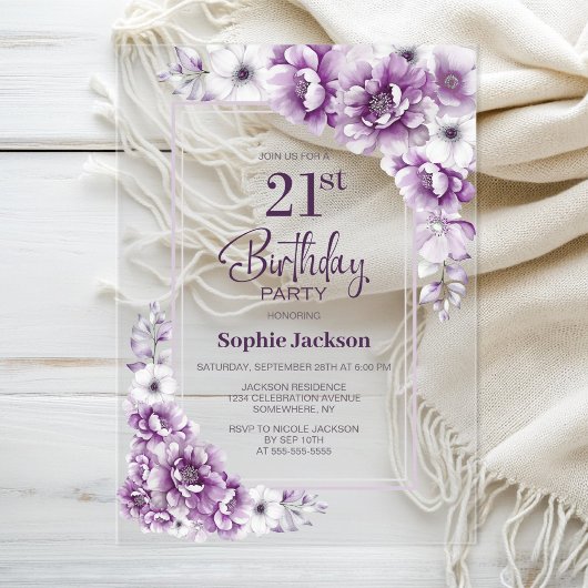 Invitations En Acrylique Floral rose moderne fête du 21e anniversaire