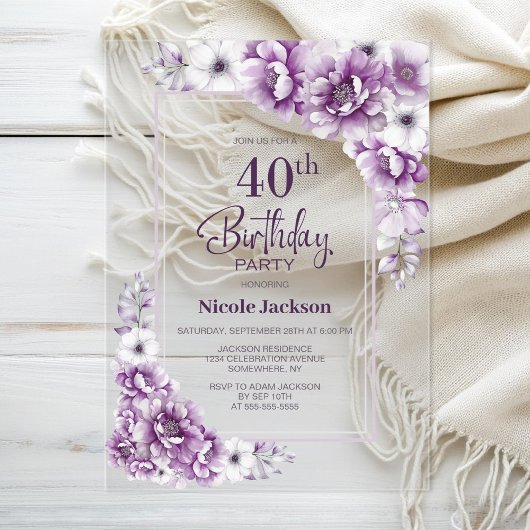 Invitations En Acrylique Floral rose moderne fête du 40e anniversaire