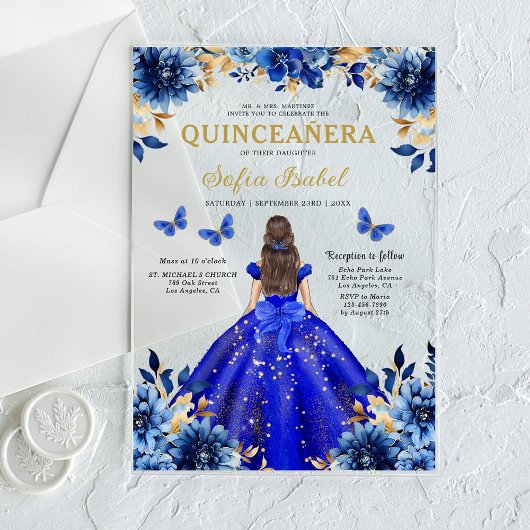 Invitations En Acrylique Floral Royal Blue Butterfly Princess Quinceanera